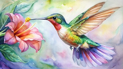 Close-Up Watercolor: Vibrant Hummingbird Feeding on Flower