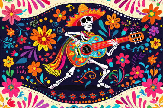 Colorful day of the dead illustration with skeleton playing music © Kien