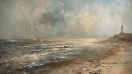 Moody seascape waves on the beach oil painting with strong brush stroke wall art - obrazy, fototapety, plakaty