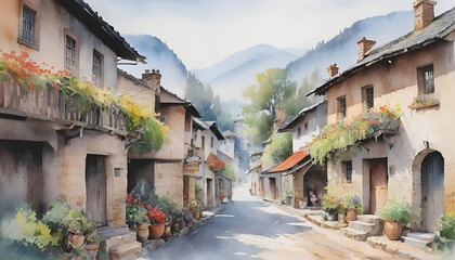 Hand painted watercolor village image