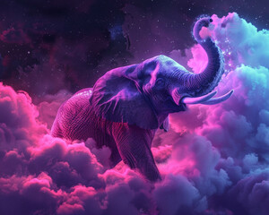 A neon spectacle Elephant ballet amidst the soft embrace of clouds - obrazy, fototapety, plakaty