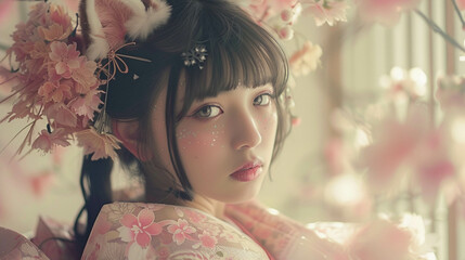 An enchanting magazine photo of a girl styled as a Japanese idol with cat ears set within a Rococo-inspired scene The