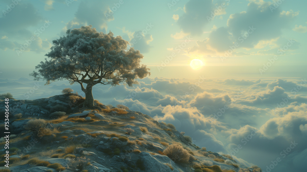 Wall mural View of trees on a cliff with a sea of clouds and sunshine