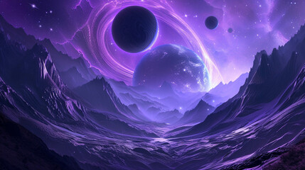 On a purple planet mountains under 2 moons near a swirling wormhole