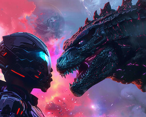 Space saga Cyborg and Godzilla face off with galaxy in witness - obrazy, fototapety, plakaty