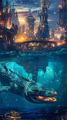 Space Sea serpent emerging from crystal waters with a steampunk city skyline at dusk