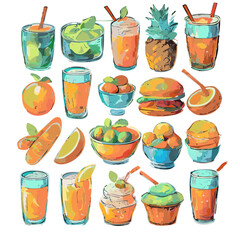 Set flat line icons drinks and foods