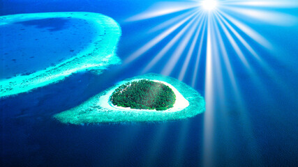 インド洋の美しい小島に差し込む太陽光線 - obrazy, fototapety, plakaty