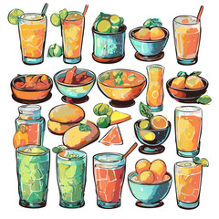 Set flat line icons drinks and foods