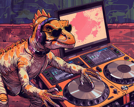 In a mix of roars and beats DJ dinosaur and robot jam in sunglasses