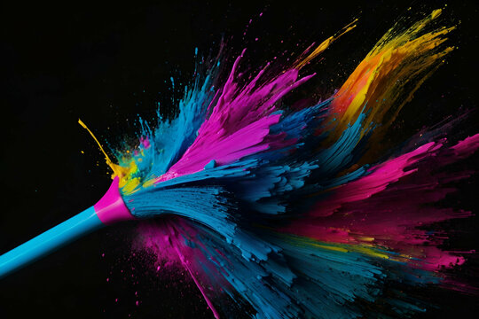 Colorful abstract neon paint brush strokes on black background