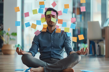 businessman or busy corporate employee with post it notes on face practising stress management