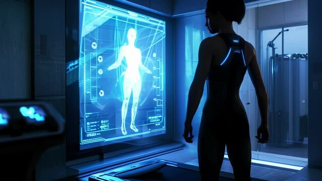 A customized holographic fitness plan displayed on a screen tailored to an individuals specific goals and needs.