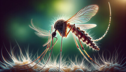 Develop an ultra-realistic close-up image of a mosquito, emphasizing the fine details of its anatomy with a high degree of realism.  - obrazy, fototapety, plakaty
