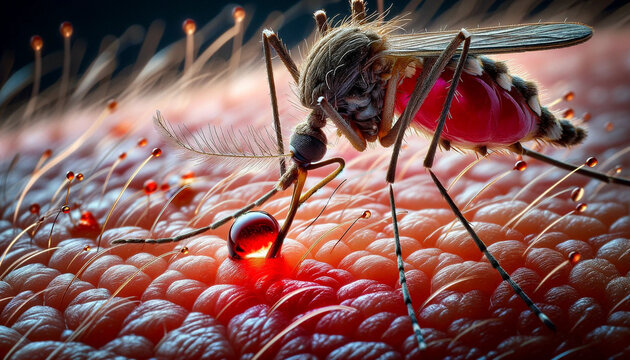 Develop an ultra-realistic close-up image of a mosquito, emphasizing the fine details of its anatomy with a high degree of realism. 