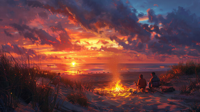 summer camping image at a beach campsite, with a family roasting marshmallows over a campfire as the sun dips below the horizon
