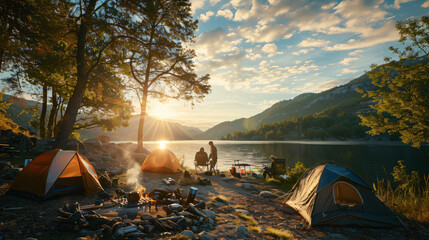 summer camping image at a lakeside campsite, with a group of friends setting up tents and cooking over a campfire as the sun sets behind the mountains - obrazy, fototapety, plakaty
