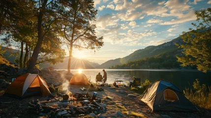 Fotobehang summer camping image at a lakeside campsite, with a group of friends setting up tents and cooking over a campfire as the sun sets behind the mountains © Trevor
