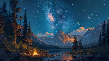 Fotobehang summer camping image in a national park campground, with a group of friends sitting around a campfire, with a backdrop of towering trees and a star-filled sky © Trevor