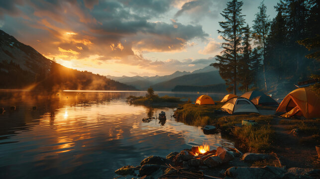 summer camping image at a lakeside campsite, with a group of friends setting up tents and cooking over a campfire as the sun sets behind the mountains
