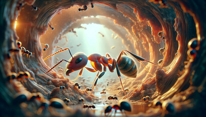 Create the most detailed and lifelike image possible of an ant engaging in colony maintenance, with...