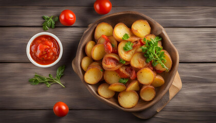 Fried rustic potato with tomato ketcup over board
