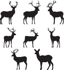 Set of Deers black silhouettes isolated on white background