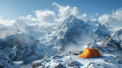 Zelfklevend Fotobehang winter backcountry camping scene, with a solo adventurer pitching a tent on a snowy mountain ridge © Trevor