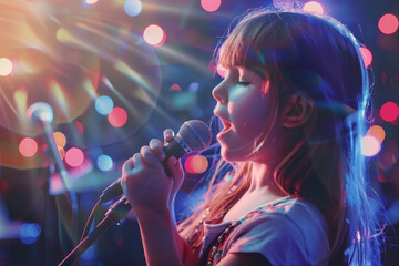 girl kid singing with a mic - obrazy, fototapety, plakaty