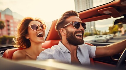 a couple enjoying a weekend car vacation . they laugh while driving ai generated high quality image - obrazy, fototapety, plakaty