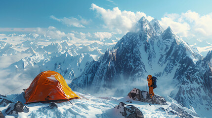 winter backcountry camping scene, with a solo adventurer pitching a tent on a snowy mountain ridge - obrazy, fototapety, plakaty