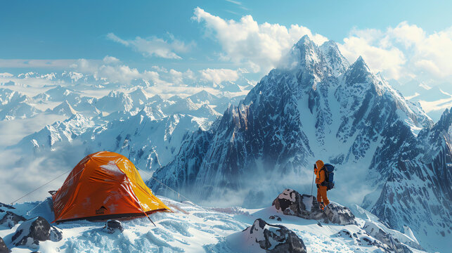 winter backcountry camping scene, with a solo adventurer pitching a tent on a snowy mountain ridge