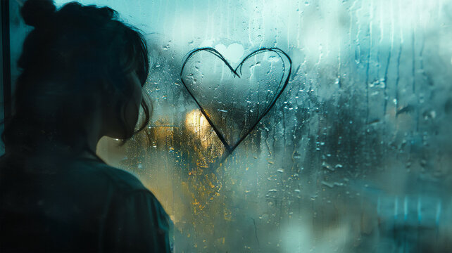 Side view of a girl making a heart symbol on a foggy window , with a dark and dramatic atmosphere. Generative AI