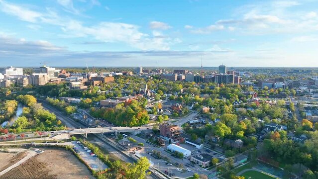 Aerial Flyover of Ann Arbor Downtown in Late Afternoon Light