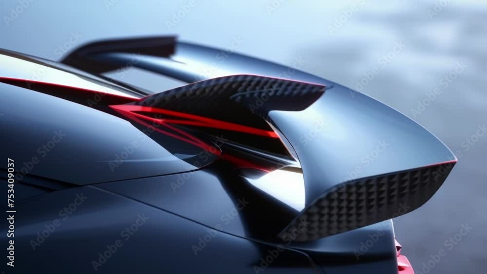 Poster the pointed and contoured shape of the rear spoiler is captured in a closeup shot showcasing its abi