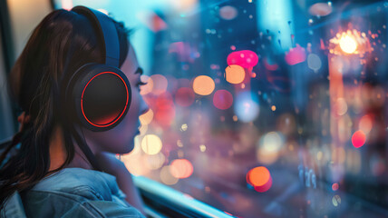 a woman wearing headphones stares out a rainy window overlooking the city. slight melancholy and thoughtfulness. Generative AI
