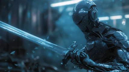 Foto op Plexiglas futuristic biomechanical ninja, mechanical body parts, action scene. Generative AI © Юрий Маслов