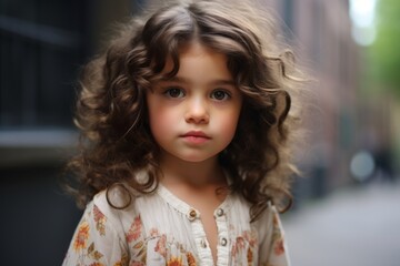Portrait of a cute little girl with curly hair on the street