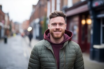 Portrait of a handsome young man with beard in a city street - obrazy, fototapety, plakaty