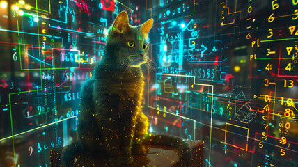 Schrodinger's cat in a box, glowing mathematical formulas, super detailed digital graphics. Generative AI