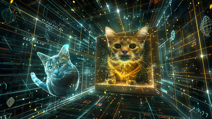 Schrodinger's cat in a box, glowing mathematical formulas, super detailed digital graphics. Generative AI