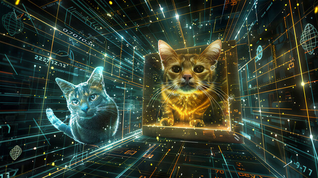 Schrodinger's cat in a box, glowing mathematical formulas, super detailed digital graphics. Generative AI