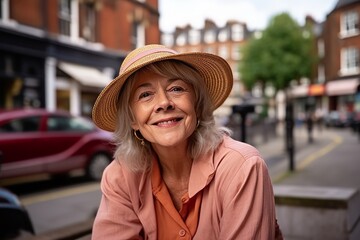 Portrait of smiling senior woman in hat standing on street in London