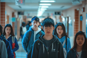Group of high school students walk through hallway at school