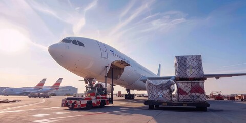 Air transport shipment prepare for loading to modern freighter jet aircraft at the airport.