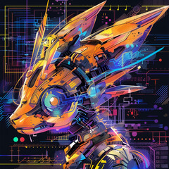 Capture the essence of a futuristic digimon with vibrant colors and futuristic elements