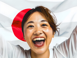 国旗を持って応援する日本人のポートレート