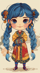 Design a charming character with blue hair in a chibi style inspired by Chinese culture