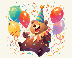 Fototapeta premium A bear wearing a jester hat surrounded by balloons and confetti