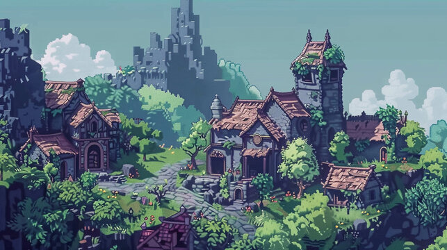 Fototapeta Create intricate pixel art landscapes for a roguelike adventure game where every decision matters